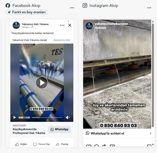Apex360 tarafından yönetilen bir halı yıkama firmasının Facebook ve Instagram reklam önizlemesi